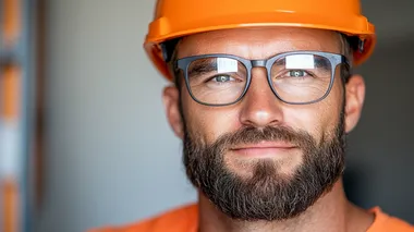 professional photo with text space of a mining engineer examining a mine map, plain orange background,   rofile kudgvnf