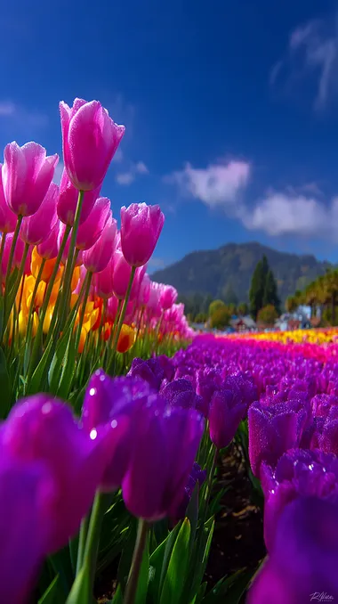 Endless rows of vibrant tulips stretch toward the horizon under a clear blue sky. The perspective leads the eye forward, while the colors of the blooms--reds, oranges, purples--form a striking gradient.  rofile pn2549t