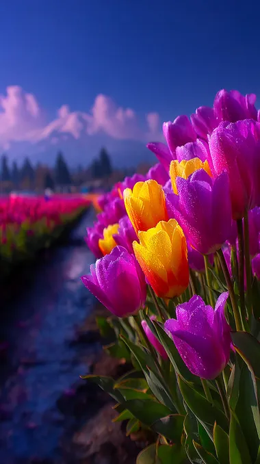 Endless rows of vibrant tulips stretch toward the horizon under a clear blue sky. The perspective leads the eye forward, while the colors of the blooms--reds, oranges, purples--form a striking gradient.  rofile pn2549t