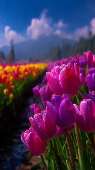 Endless rows of vibrant tulips stretch toward the horizon under a clear blue sky. The perspective leads the eye forward, while the colors of the blooms--reds, oranges, purples--form a striking gradient.  rofile pn2549t