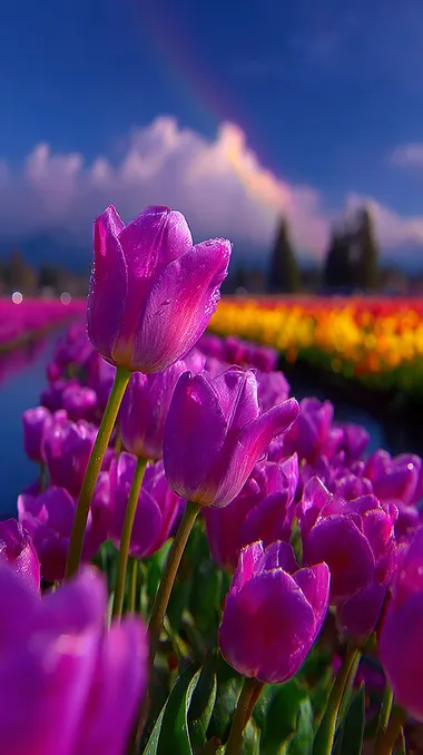 Endless rows of vibrant tulips stretch toward the horizon under a clear blue sky. The perspective leads the eye forward, while the colors of the blooms--reds, oranges, purples--form a striking gradient.  rofile pn2549t