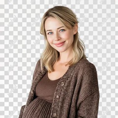 A pregnant mother with blonde hair and blue eyes wearing coffee colored clothing, looking happily at the camera with a white background --raw