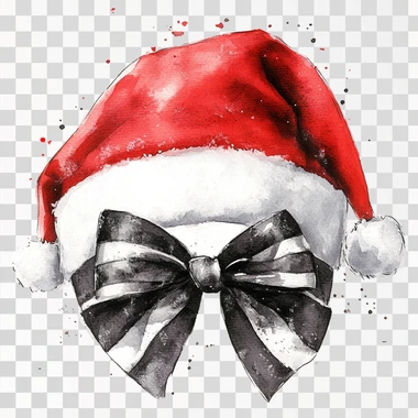 watercolor image of Santa hat, Red with a large black and white coquette style bow, on a white background
