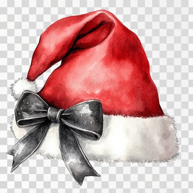 watercolor image of Santa hat, Red with a large black and white coquette style bow, on a white background