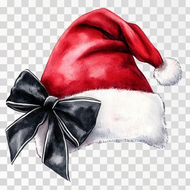 watercolor image of Santa hat, Red with a large black and white coquette style bow, on a white background