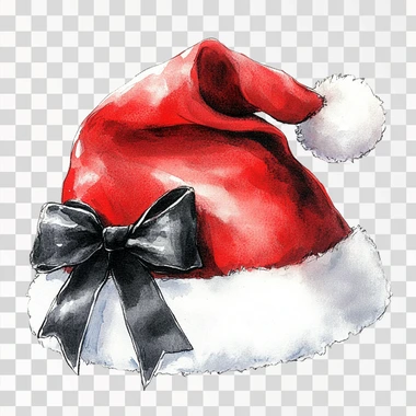watercolor image of Santa hat, Red with a large black and white coquette style bow, on a white background