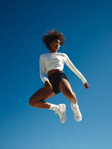 A dynamic, front-angle shot of a runner mid-jump against a clear blue sky. The runner is wearing a white long-sleeve top, black shorts, white socks, and white running shoes. The pose is casual and energetic, with the runner's knees bent and arms slightly extended backward as they jump, creating a sense of power and movement. Clean, minimal background with no distractions, capturing a modern, motivational sports aesthetic ideal for a Nike running advertisement.