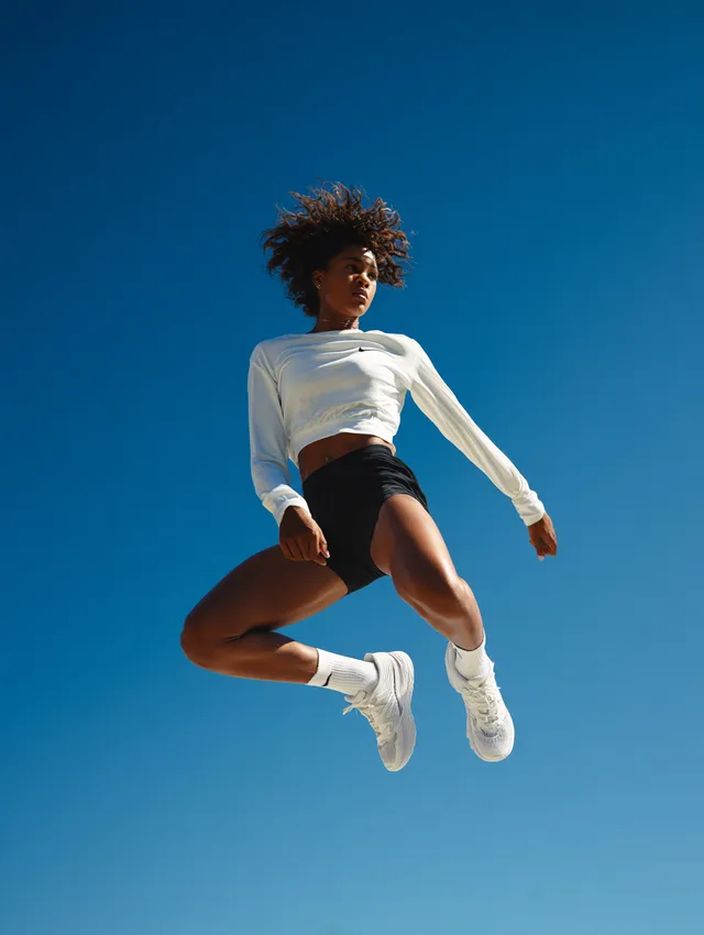 Energetic Runner Mid-Jump Against Clear Blue Sky