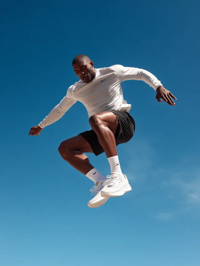 Dynamic Runner in Mid-Jump Against Clear Blue Sky