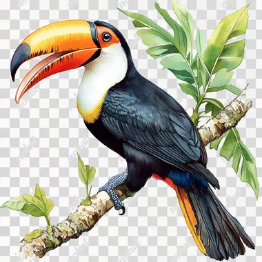 a photorealistic clipart illustration in style of watercolor by mark ryden, Create a whimsical tropic tucan with open beak, sitting on a tropic branch. use vivid colors, clean lines, crisp, accurate features with flawless attention on detail and realism. white background.  text word dirt