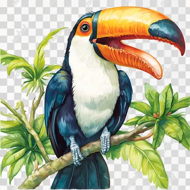 a photorealistic clipart illustration in style of watercolor by mark ryden, Create a whimsical tropic tucan with open beak, sitting on a tropic branch. use vivid colors, clean lines, crisp, accurate features with flawless attention on detail and realism. white background.  text word dirt