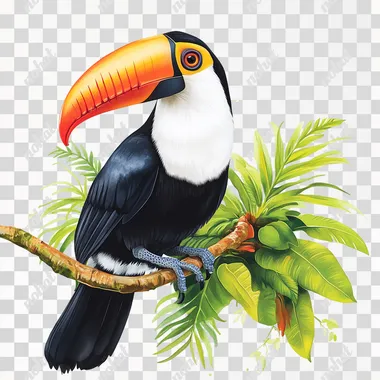 a photorealistic clipart illustration in style of watercolor by mark ryden, Create a whimsical tropic tucan with open beak, sitting on a tropic branch. use vivid colors, clean lines, crisp, accurate features with flawless attention on detail and realism. white background.  text word dirt