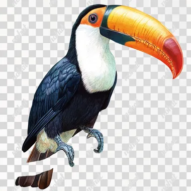 a photorealistic clipart illustration in style of watercolor by mark ryden, Create a whimsical tropic tucan with open beak, sitting on a tropic branch. use vivid colors, clean lines, crisp, accurate features with flawless attention on detail and realism. white background.  text word dirt