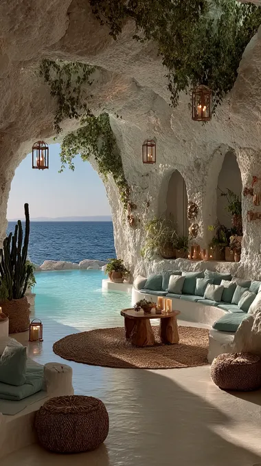 A white cave with a sea view, the interior decorated in a boho style with blue and green pastel colors. White rocks with ivy growing on them, a large round carpet, and lots of cushions. Candles hang from the ceiling, and there are plants and cacti throughout the space. The turquoise water outside is visible, with the sun shining through.   --s 750