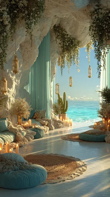 A white cave with a sea view, the interior decorated in a boho style with blue and green pastel colors. White rocks with ivy growing on them, a large round carpet, and lots of cushions. Candles hang from the ceiling, and there are plants and cacti throughout the space. The turquoise water outside is visible, with the sun shining through.   --s 750