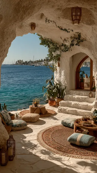 A white cave with a sea view, the interior decorated in a boho style with blue and green pastel colors. White rocks with ivy growing on them, a large round carpet, and lots of cushions. Candles hang from the ceiling, and there are plants and cacti throughout the space. The turquoise water outside is visible, with the sun shining through.   --s 750