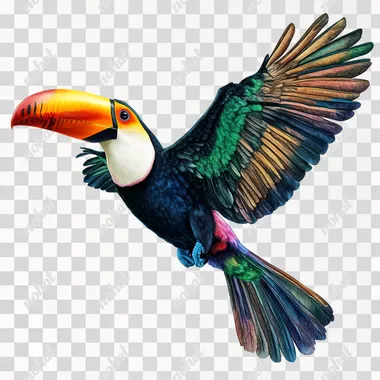 tropical colorful tucan flying isolated on a white background, realistic picture
