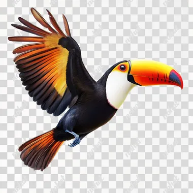 tropical colorful tucan flying isolated on a white background, realistic picture