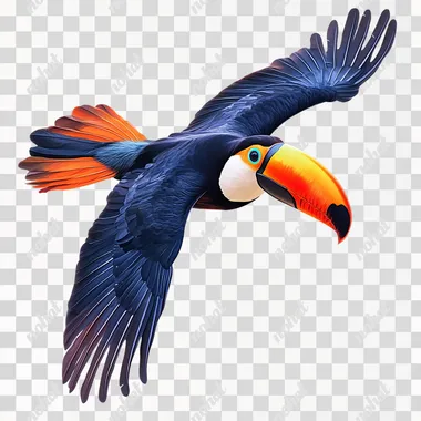 tropical colorful tucan flying isolated on a white background, realistic picture