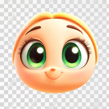 an emoji of a cute face, attractive, inviting, big green eyes, colorful