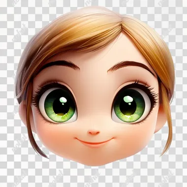 an emoji of a cute face, attractive, inviting, big green eyes, colorful