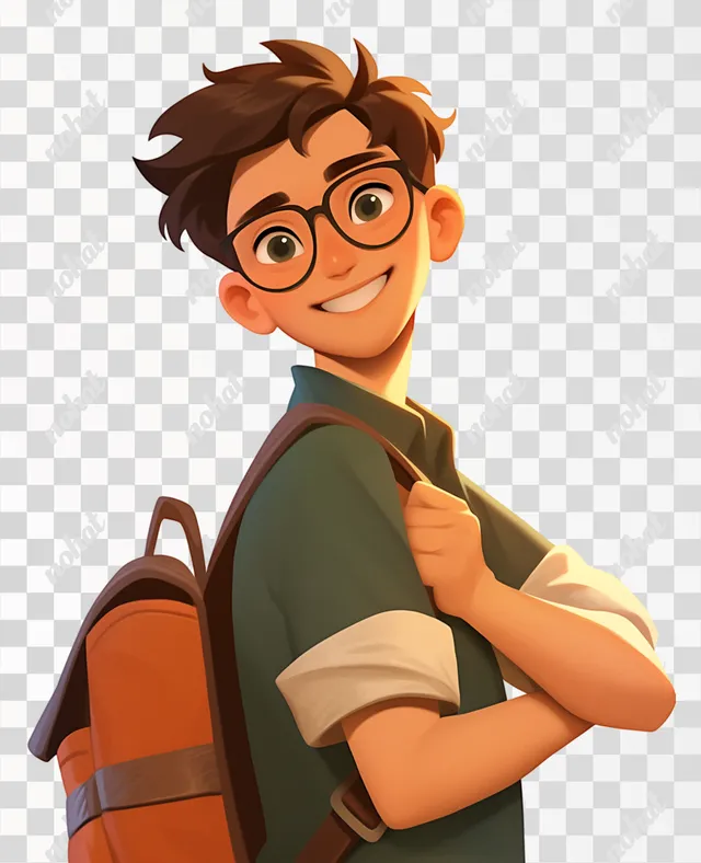 PNG Cheerful Cartoon Junior High School Boy with Glasses