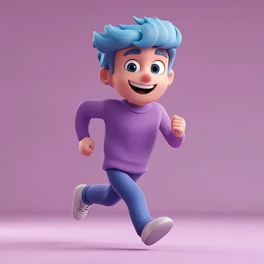 3D character, a young man with blue hair and a purple sweater running, against a simple background, in a minimalistic style with a purple color palette. --s 250