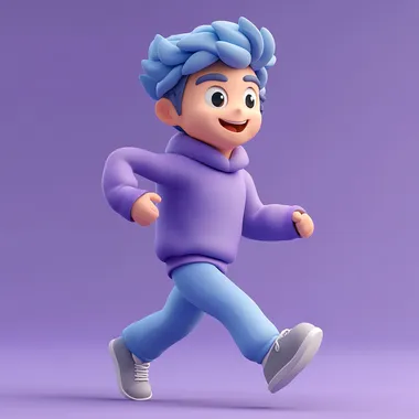 3D character, a young man with blue hair and a purple sweater running, against a simple background, in a minimalistic style with a purple color palette. --s 250