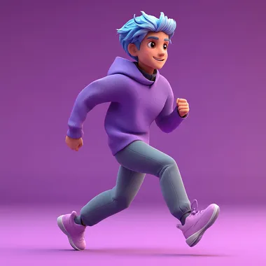 3D character, a young man with blue hair and a purple sweater running, against a simple background, in a minimalistic style with a purple color palette. --s 250