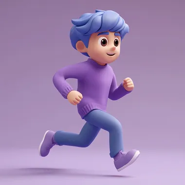 3D character, a young man with blue hair and a purple sweater running, against a simple background, in a minimalistic style with a purple color palette. --s 250