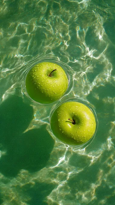 Two green apples are floating on the green water. The water has ripples and reflects the sunlight. The apples should be close to the color of the water and blend into the picture naturally and beautifully.  rofile 92dcoph --s 50