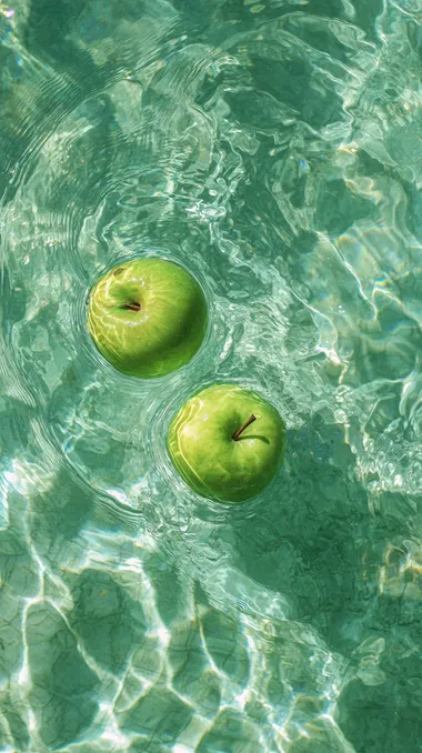 Two green apples are floating on the green water. The water has ripples and reflects the sunlight. The apples should be close to the color of the water and blend into the picture naturally and beautifully.  rofile 92dcoph --s 50