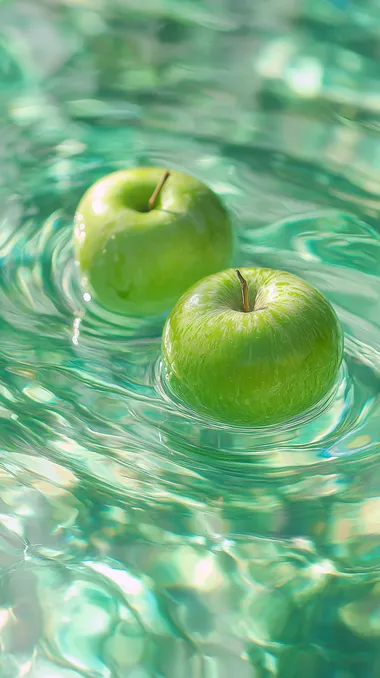 Two green apples are floating on the green water. The water has ripples and reflects the sunlight. The apples should be close to the color of the water and blend into the picture naturally and beautifully.  rofile 92dcoph --s 50