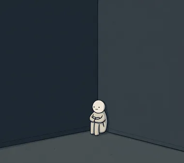 A small figure with arms and legs, wearing pajamas, hugging its knees in the corner of an empty room, with dark gray walls, in the style of a cartoon style, simple drawing, 2D game art, cartoon animation, simple lines, cute expressions, low-saturation colors, black background, and a distant perspective view.   --s 50