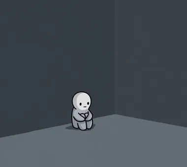 A small figure with arms and legs, wearing pajamas, hugging its knees in the corner of an empty room, with dark gray walls, in the style of a cartoon style, simple drawing, 2D game art, cartoon animation, simple lines, cute expressions, low-saturation colors, black background, and a distant perspective view.   --s 50