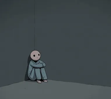 A small figure with arms and legs, wearing pajamas, hugging its knees in the corner of an empty room, with dark gray walls, in the style of a cartoon style, simple drawing, 2D game art, cartoon animation, simple lines, cute expressions, low-saturation colors, black background, and a distant perspective view.   --s 50