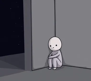 A small figure with arms and legs, wearing pajamas, hugging its knees in the corner of an empty room, with dark gray walls, in the style of a cartoon style, simple drawing, 2D game art, cartoon animation, simple lines, cute expressions, low-saturation colors, black background, and a distant perspective view.   --s 50