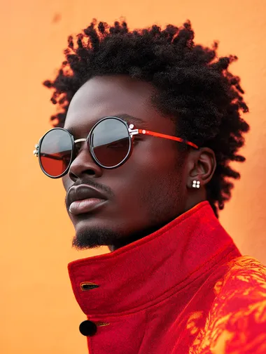risograph of a black person wearing designer fashion, colorful urban background, in a style of a photography made with zeiss lenses