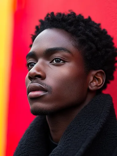 risograph of a black person wearing designer fashion, colorful urban background, in a style of a photography made with zeiss lenses