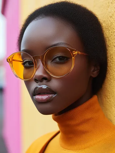 risograph of a black person wearing designer fashion, colorful urban background, in a style of a photography made with zeiss lenses