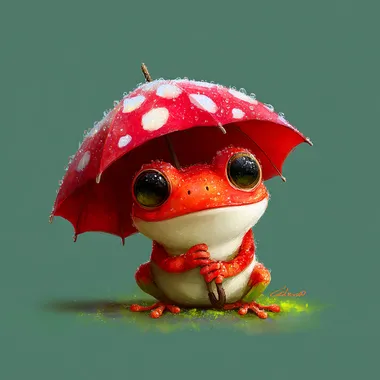 Cute cartoon frog holding umbrella, bright red and white umbrella, smiling face, big eyes, red spots, HD high resolution full body portrait, bright colors, vivid expression, cute style. Digital painting, digital art, digital illustration.