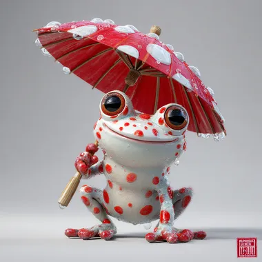 Cute cartoon frog holding umbrella, bright red and white umbrella, smiling face, big eyes, red spots, HD high resolution full body portrait, bright colors, vivid expression, cute style. Digital painting, digital art, digital illustration.