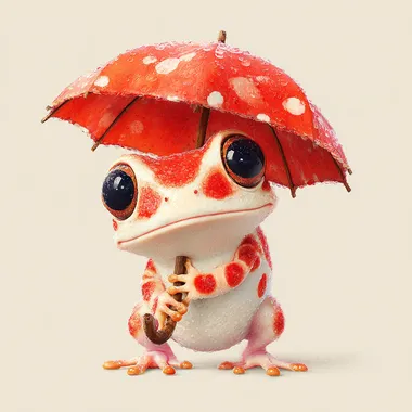 Cute cartoon frog holding umbrella, bright red and white umbrella, smiling face, big eyes, red spots, HD high resolution full body portrait, bright colors, vivid expression, cute style. Digital painting, digital art, digital illustration.
