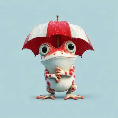 Cute cartoon frog holding umbrella, bright red and white umbrella, smiling face, big eyes, red spots, HD high resolution full body portrait, bright colors, vivid expression, cute style. Digital painting, digital art, digital illustration.