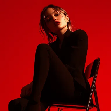 A photograph of a teenage school girl sitting on top of a chair, inspired by the cover photoshoot of Vogue magazine with a red background. She is wearing a black blazer and black pants. The style should be minimalistic, capturing the essence of contemporary fashion photography, with high resolution.