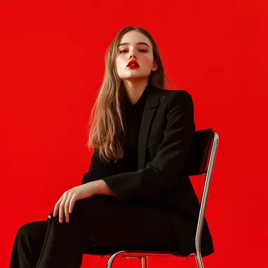 A photograph of a teenage school girl sitting on top of a chair, inspired by the cover photoshoot of Vogue magazine with a red background. She is wearing a black blazer and black pants. The style should be minimalistic, capturing the essence of contemporary fashion photography, with high resolution.
