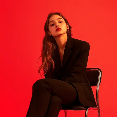 A photograph of a teenage school girl sitting on top of a chair, inspired by the cover photoshoot of Vogue magazine with a red background. She is wearing a black blazer and black pants. The style should be minimalistic, capturing the essence of contemporary fashion photography, with high resolution.