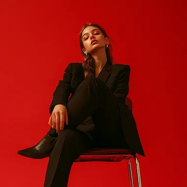 A photograph of a teenage school girl sitting on top of a chair, inspired by the cover photoshoot of Vogue magazine with a red background. She is wearing a black blazer and black pants. The style should be minimalistic, capturing the essence of contemporary fashion photography, with high resolution.
