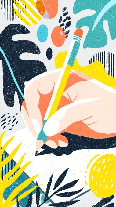 A hand writing with a pencil, colorful lines and shapes on a grey background, minimalistic, simple, pop art style, editorial illustration, advertising photography, studio lighting, high resolution, in the style of John Holcroft for a Vogue cover magazine.  --s 250   sefprlj