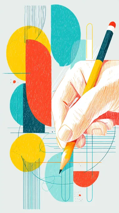 A hand writing with a pencil, colorful lines and shapes on a grey background, minimalistic, simple, pop art style, editorial illustration, advertising photography, studio lighting, high resolution, in the style of John Holcroft for a Vogue cover magazine.  --s 250   sefprlj